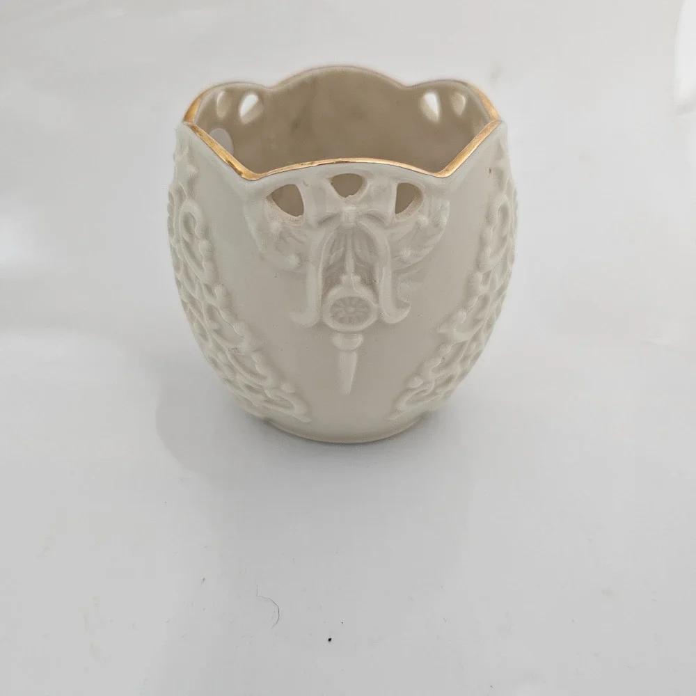 Lenox Merry Lights Votive Candle Holder Ivory China Gold Trim Christmas Tree Bow